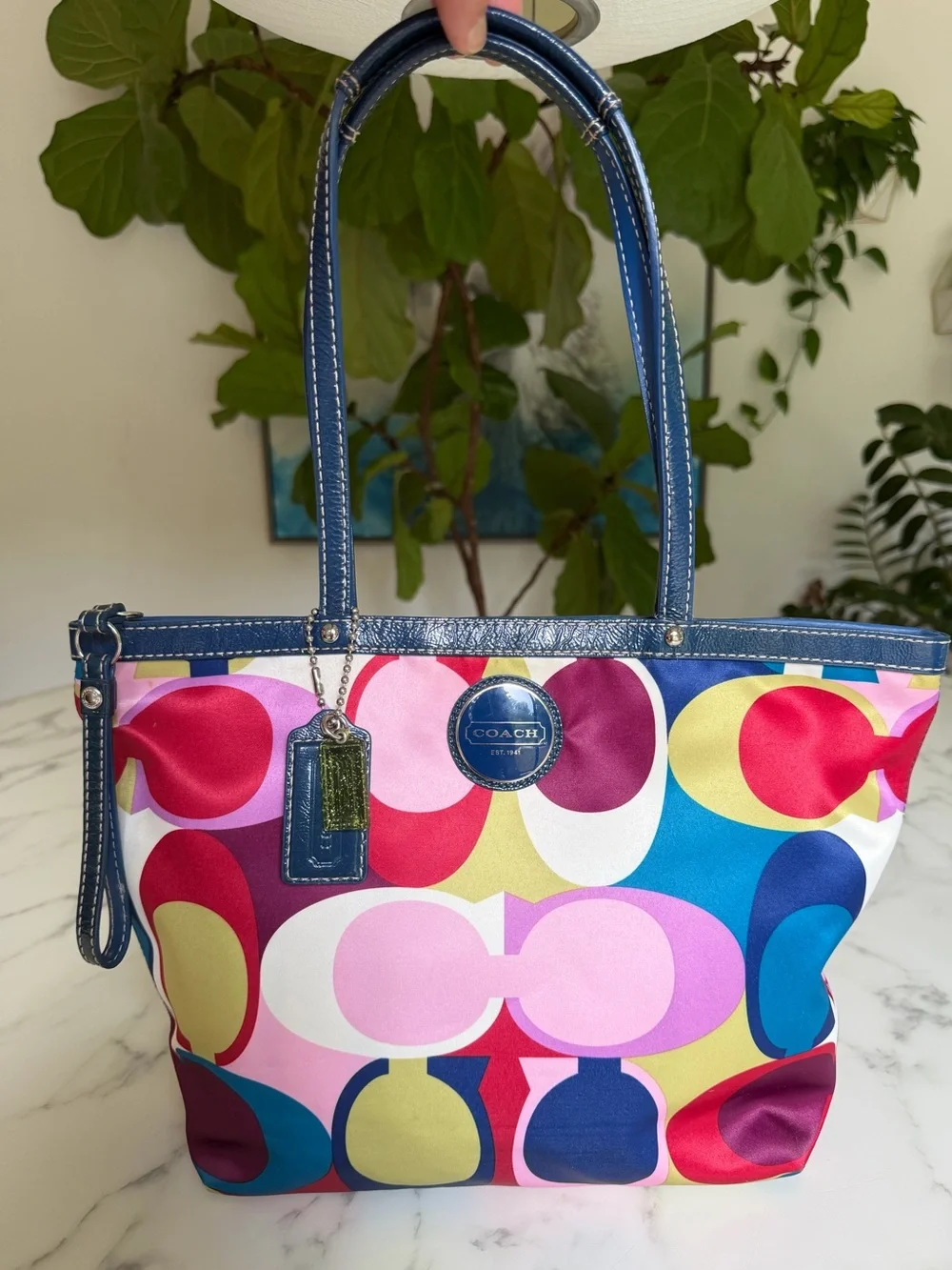 Coach Y2K Op Art Signature Scarf Print Multicolor Satin Tote Shoulder Bag F15183